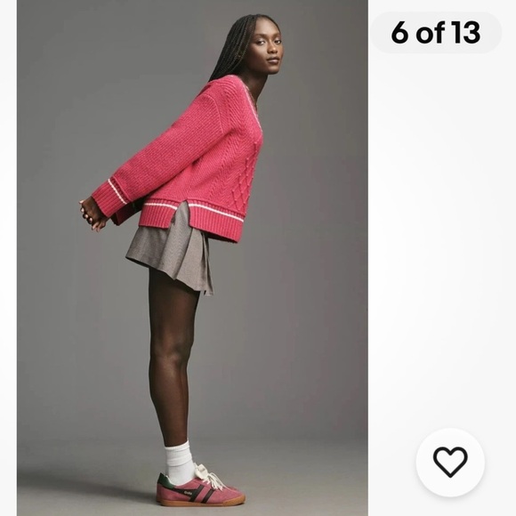 Anthropologie Maeve Sweater The Tillie V-Neck Cable Knit Pullover in Berry Pink - Picture 5 of 14